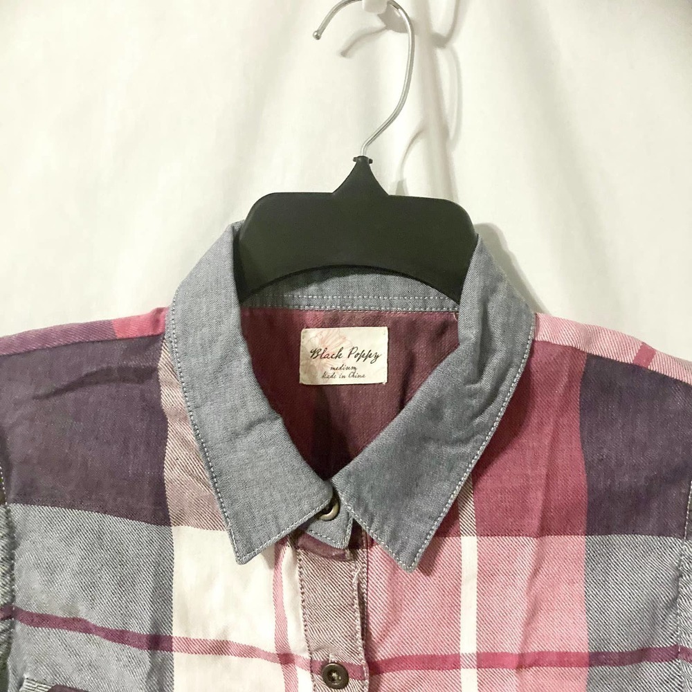 Black Poppy Women's Medium Plaid Button Down Tie Front Top - Picture 4 of 10